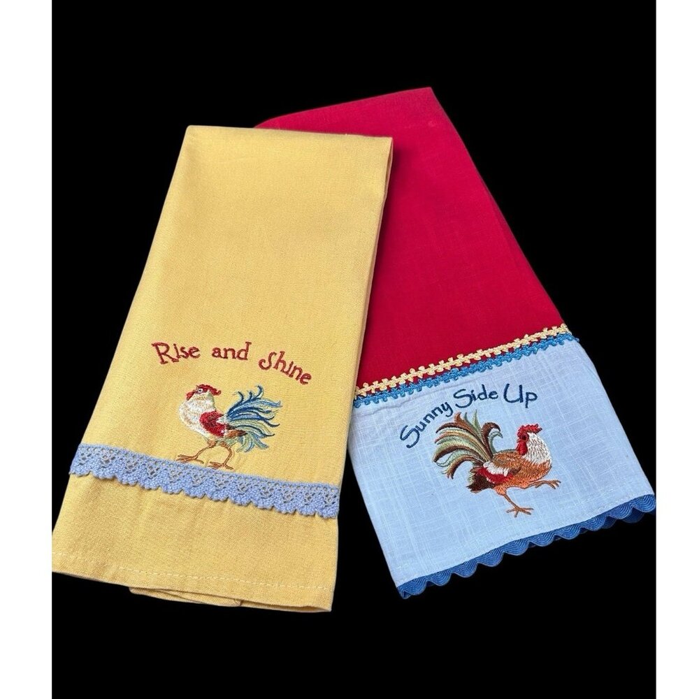 Tea Towel Set Susan Winget Embroidered Country Sunny Side Up Please Rise & Shine